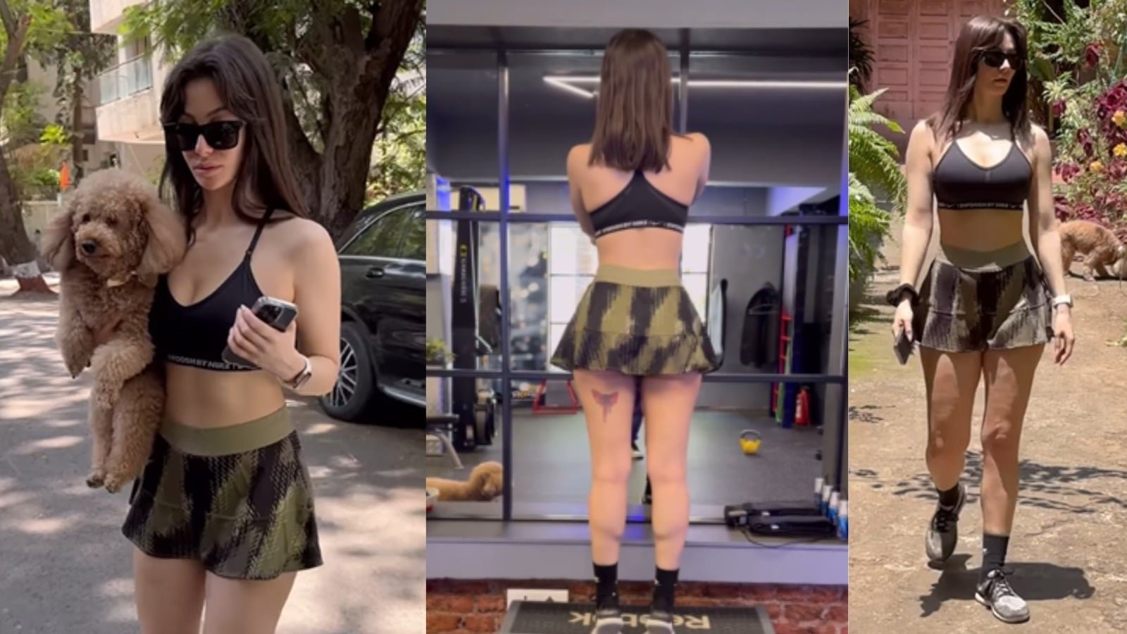 Giorgia Andriani flaunts her sexy toned physique in a black sports bra and a mini camouflage skirt as gets spotted post her gym session